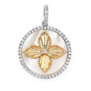Mother of Pearl Four Petal Flower Diamond Pendant - Two-Tone