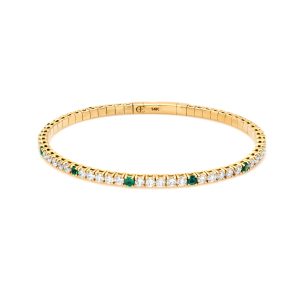 Diamond and Emerald Yellow Gold Flex Bangle