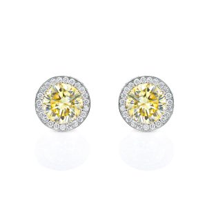 Yellow Diamond Round Stud Halo Earrings