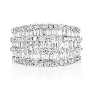Tapered Three Row Baguette & Round Diamond Ring - White Gold / 6.5