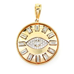 Evil Eye Baguette Diamond Medallion Pendant - Yellow Gold