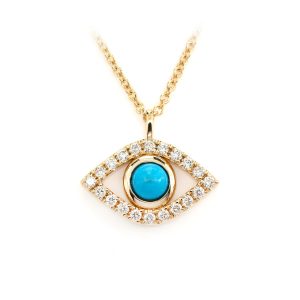 Turquoise & Diamond Evil Eye Necklace - Yellow Gold / 18"