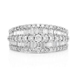 Tapered Three Row Baguette & Round Diamond Ring - White Gold / 8