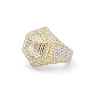 Hexagon Diamond Ring with Baguette Border and Pave Diamonds
