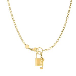 14kt Gold 18 inches Yellow Finish Chain:3+Element:9x18mm Shiny Lock+Key Necklace with Lobster Clasp
