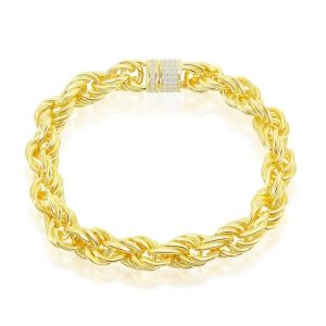 Sterling Silver 11mm Loose Rope With CZ Statement Lock Bracelet