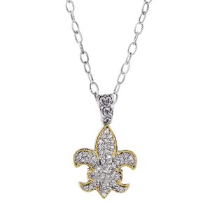 0.45Ct. Diamond18Kt Yellow Gold+Sterling Silver Fleur De Lis P Endant On 18 inches Rhodium Finish Link Chain. inchesFleur-De-Lis inches Collecti On.