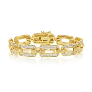 Sterling Silver Wide CZ Linked Bracelet - Gold Plated - Silver