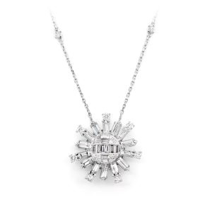 Baguette Diamond Sunburst Necklace - White Gold / 18"