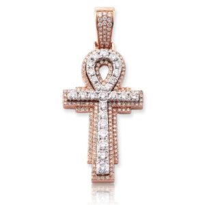 14KR+W 3.00CTW DIAMOND 3-D ANKH CROSS PENDANT