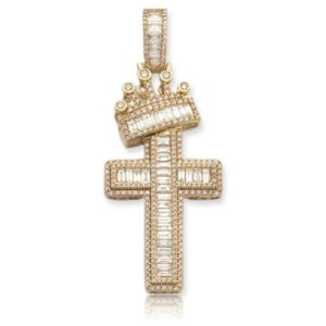 14KY 4.00CTW BAGUETTE DIAMOND CROSS W/CROWN