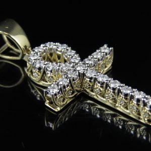 Men’s 10K Yellow Gold Real Diamond 3D Miracle Ankh Cross Pendant .62ct 1.5″ – product view
