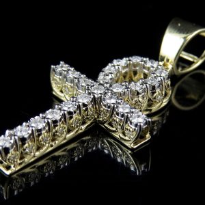 Men’s 10K Yellow Gold Real Diamond 3D Miracle Ankh Cross Pendant .62ct 1.5″ – product view