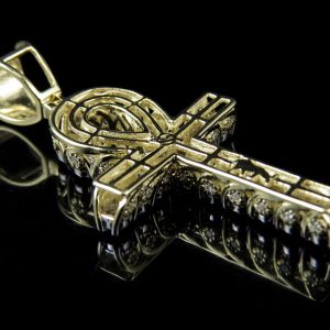 Men’s 10K Yellow Gold Real Diamond 3D Miracle Ankh Cross Pendant .62ct 1.5″ – product view