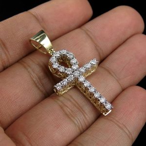 Men’s 10K Yellow Gold Real Diamond 3D Miracle Ankh Cross Pendant .62ct 1.5″ – product view