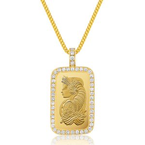 Standard 1oz. Suisse Gold Bar (Lady Fortuna, 1-Row Bezel)
