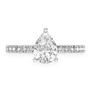 Pear Solitaire One Row Under Halo Ring - White Gold / 6.5