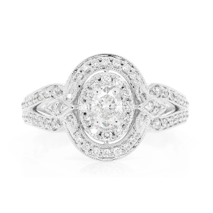 Oval Double Halo Milgrain Diamond Ring - White Gold / 7